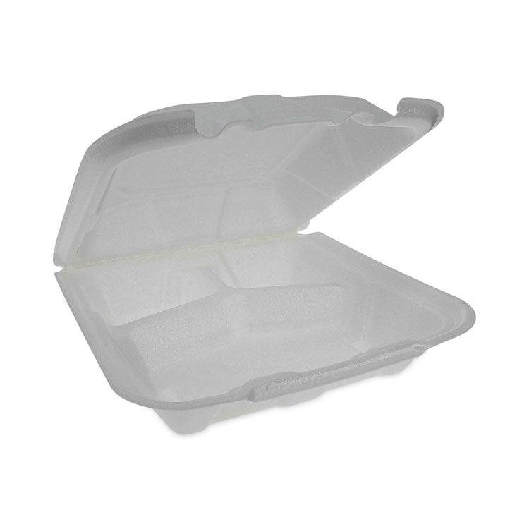 Vented Foam Hinged Lid Container, Dual Tab Lock Economy, 3 Compartments, 9.1 x 9 x 3.3, White, 150/Carton
