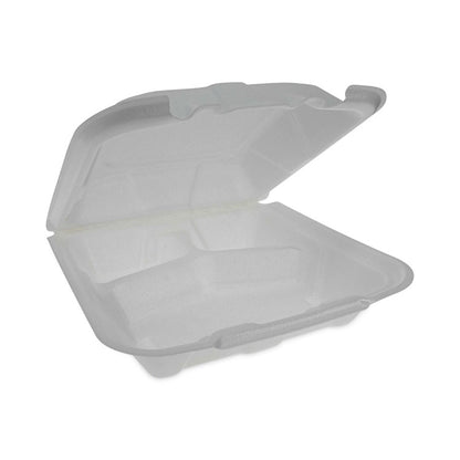 Vented Foam Hinged Lid Container, Dual Tab Lock Economy, 3 Compartments, 9.1 x 9 x 3.3, White, 150/Carton
