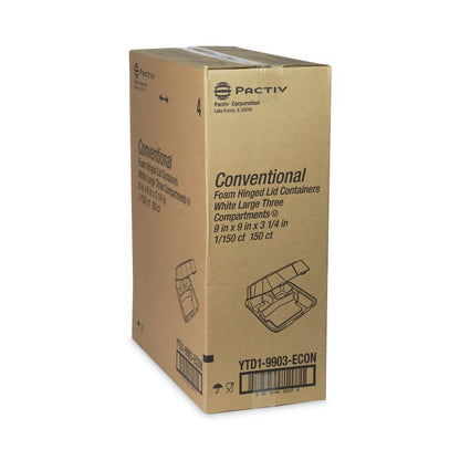 Vented Foam Hinged Lid Container, Dual Tab Lock Economy, 3 Compartments, 9.1 x 9 x 3.3, White, 150/Carton