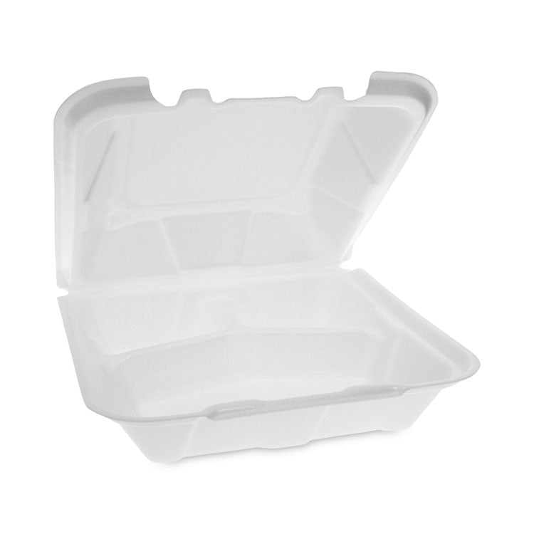 Vented Foam Hinged Lid Container, Dual Tab Lock, 3 Compartments, 9.1 x 9 x 3.3, White, 150/Carton