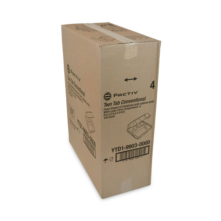 Vented Foam Hinged Lid Container, Dual Tab Lock, 3 Compartments, 9.1 x 9 x 3.3, White, 150/Carton