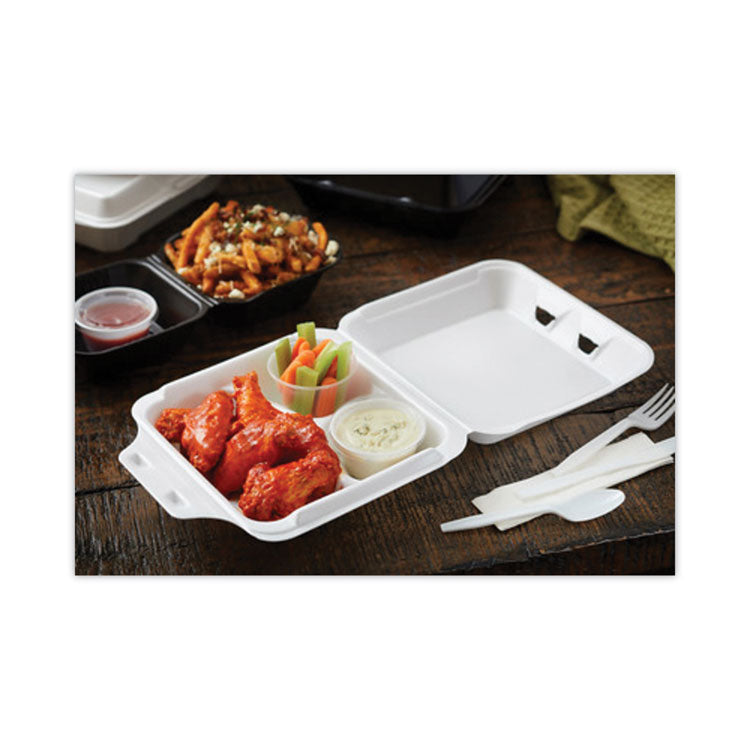 Vented Foam Hinged Lid Container, Dual Tab Lock, 3 Compartments, 9.1 x 9 x 3.3, White, 150/Carton