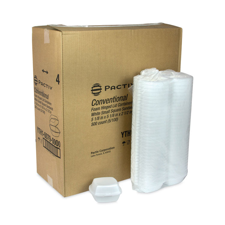 Foam Hinged Lid Container, Single Tab Lock, 5 x 5 x 2.5, White, 500/Carton