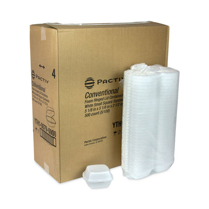 Foam Hinged Lid Container, Single Tab Lock, 5 x 5 x 2.5, White, 500/Carton