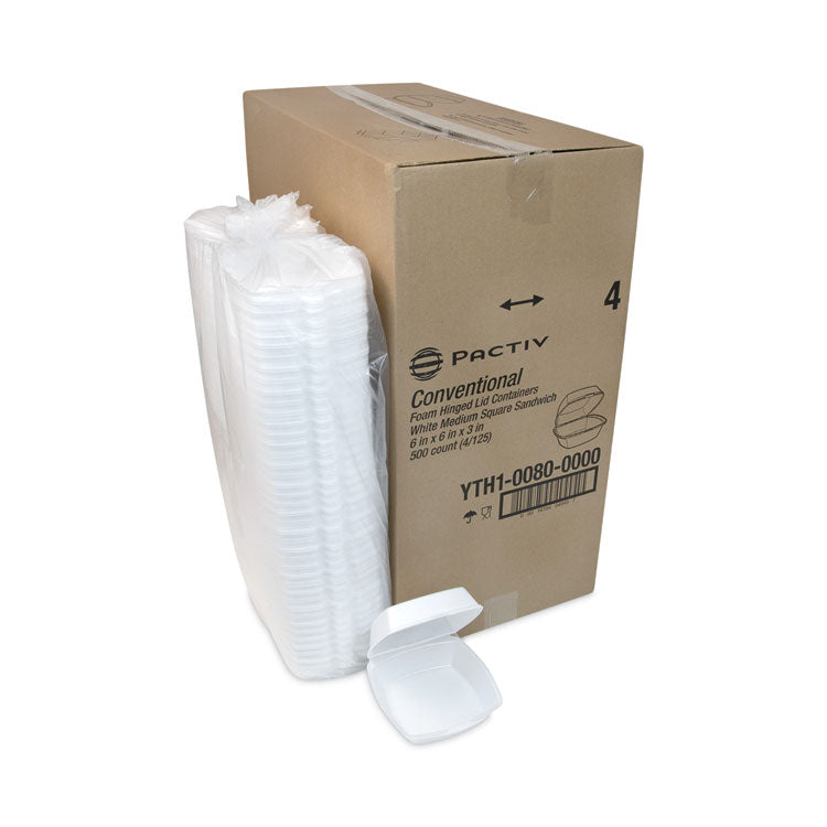 Foam Hinged Lid Container, Single Tab Lock, 6 x 6 x 3, White, 500/Carton