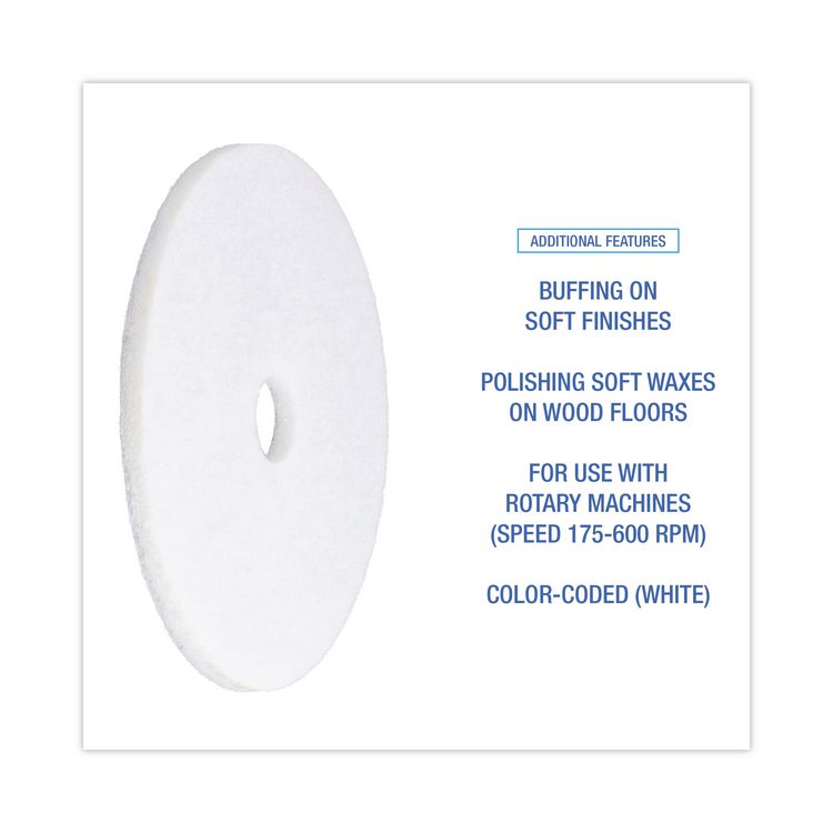 Polishing Floor Pads, 20" Diameter, White, 5/Carton