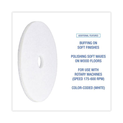 Polishing Floor Pads, 20" Diameter, White, 5/Carton
