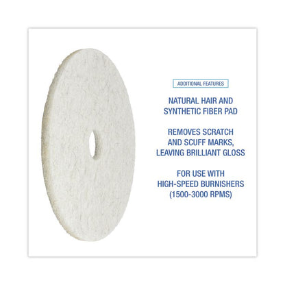 Natural Burnishing Floor Pads, 20" Diameter, White, 5/Carton