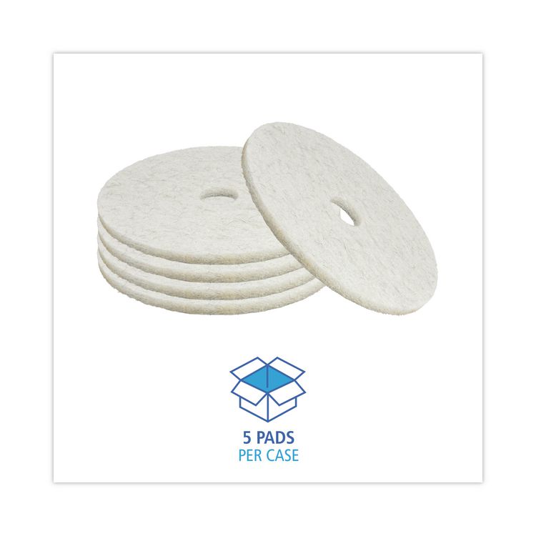 Natural Burnishing Floor Pads, 20" Diameter, White, 5/Carton