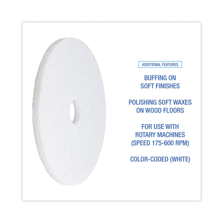Polishing Floor Pads, 19" Diameter, White, 5/Carton