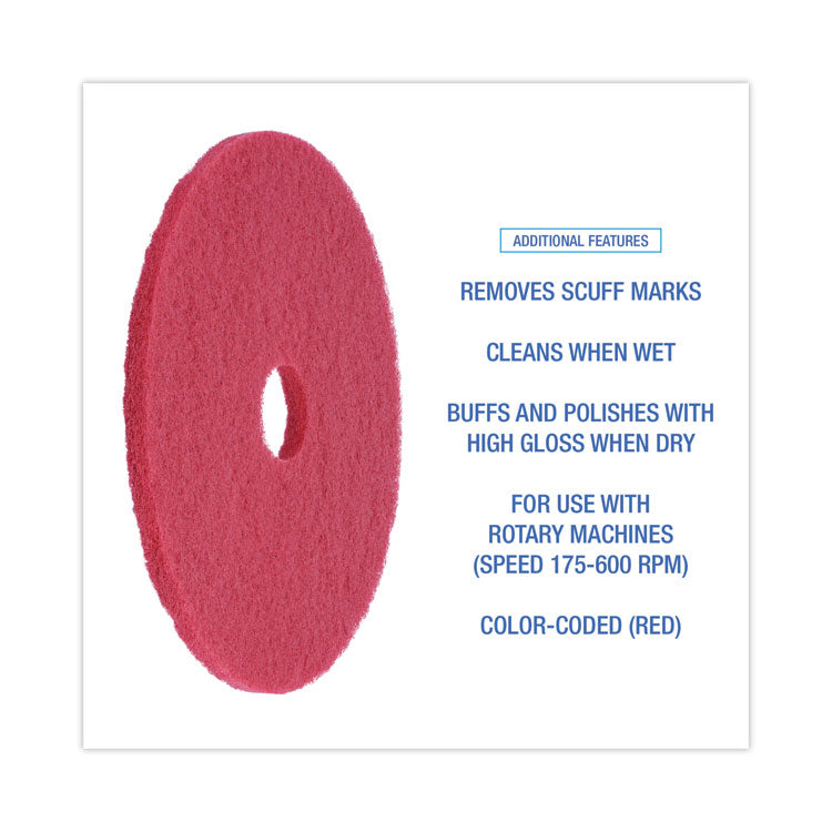 Buffing Floor Pads, 19" Diameter, Red, 5/Carton