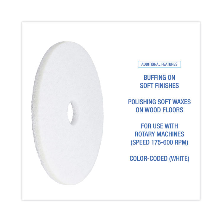 Polishing Floor Pads, 18" Diameter, White, 5/Carton