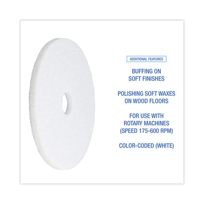 Polishing Floor Pads, 18" Diameter, White, 5/Carton