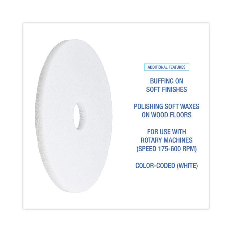 Polishing Floor Pads, 17" Diameter, White, 5/Carton
