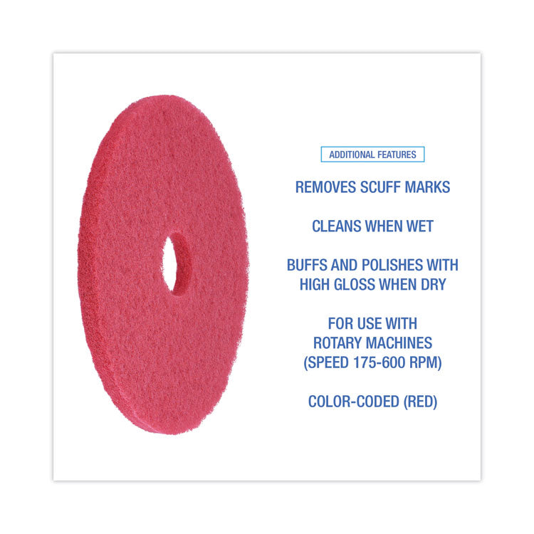 Buffing Floor Pads, 17" Diameter, Red, 5/Carton