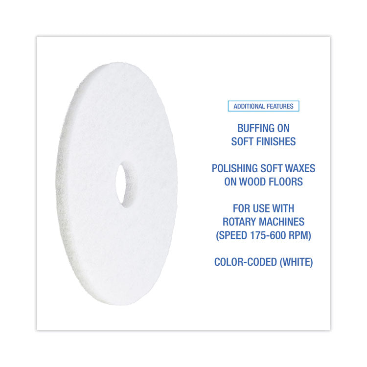 Polishing Floor Pads, 16" Diameter, White, 5/Carton