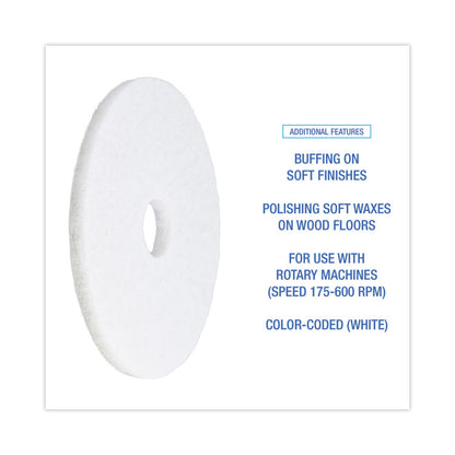 Polishing Floor Pads, 16" Diameter, White, 5/Carton