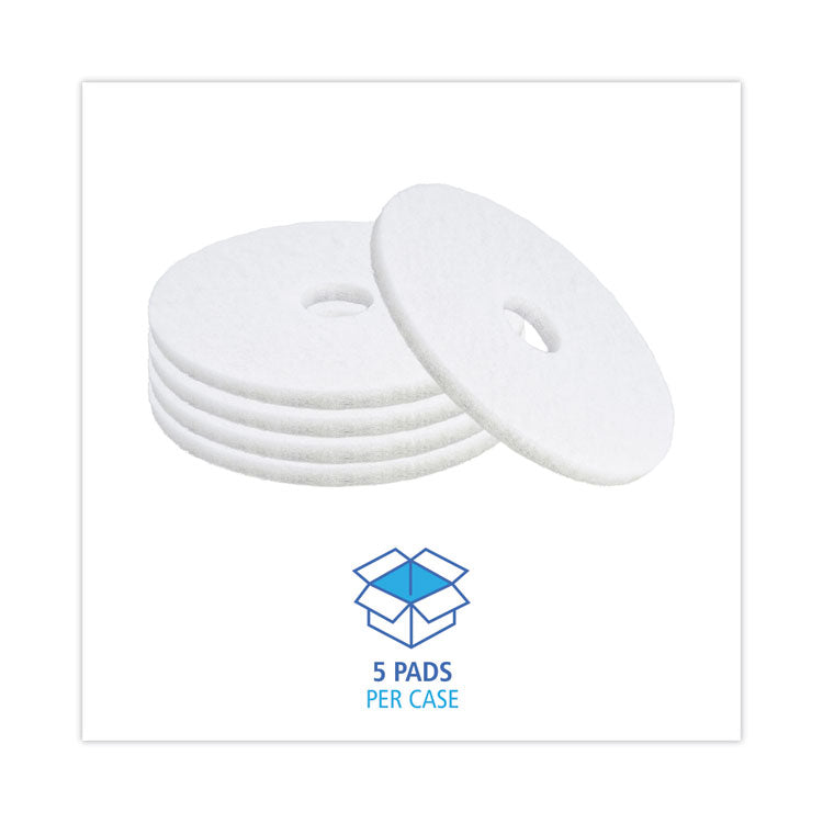 Polishing Floor Pads, 16" Diameter, White, 5/Carton