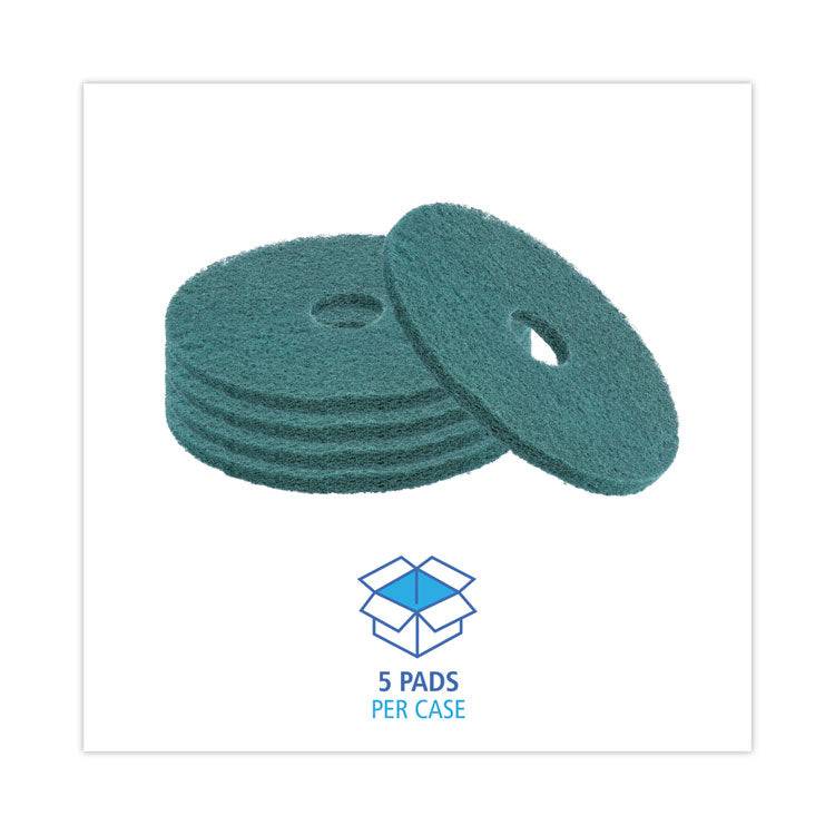 Heavy-Duty Scrubbing Floor Pads, 16" Diameter, Green, 5/Carton