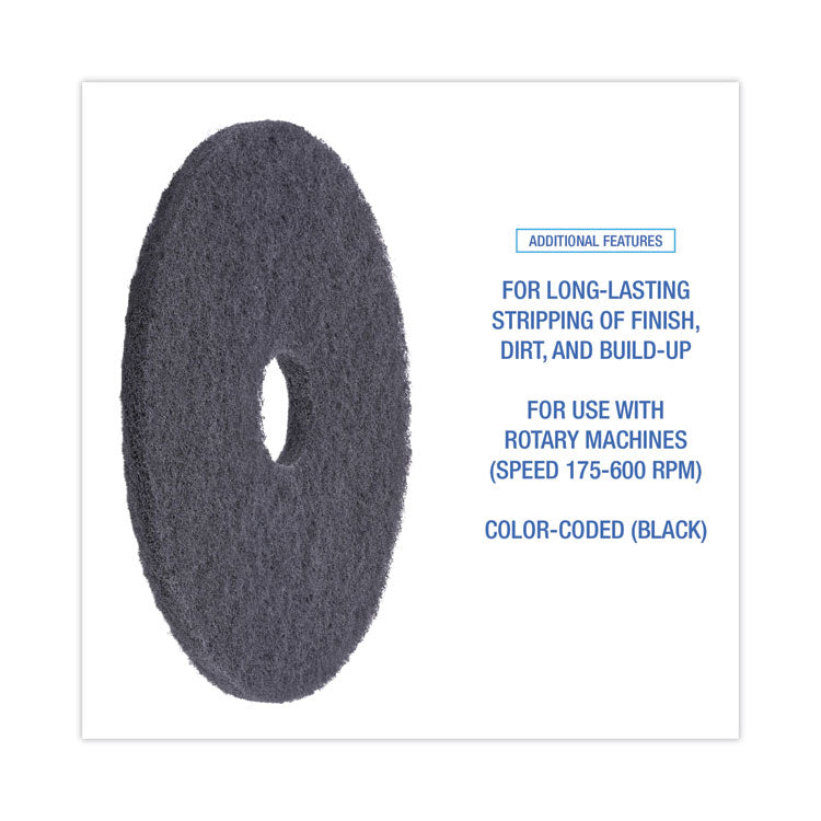 Stripping Floor Pads, 16" Diameter, Black, 5/Carton