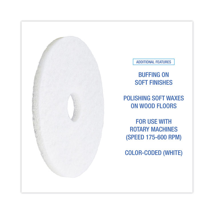 Polishing Floor Pads, 15" Diameter, White, 5/Carton