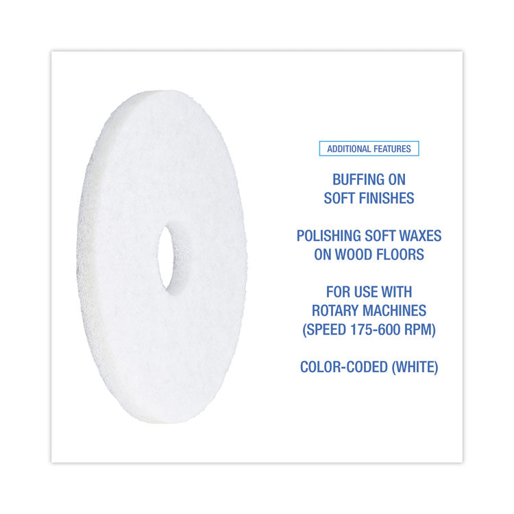 Polishing Floor Pads, 14" Diameter, White, 5/Carton