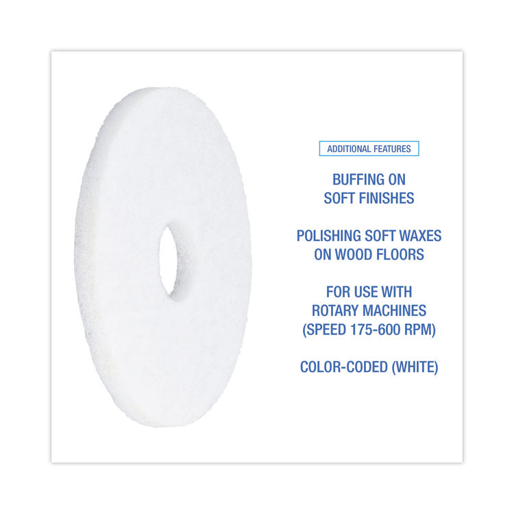 Polishing Floor Pads, 13" Diameter, White, 5/Carton