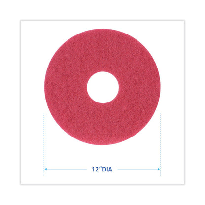 Buffing Floor Pads, 12" Diameter, Red, 5/Carton