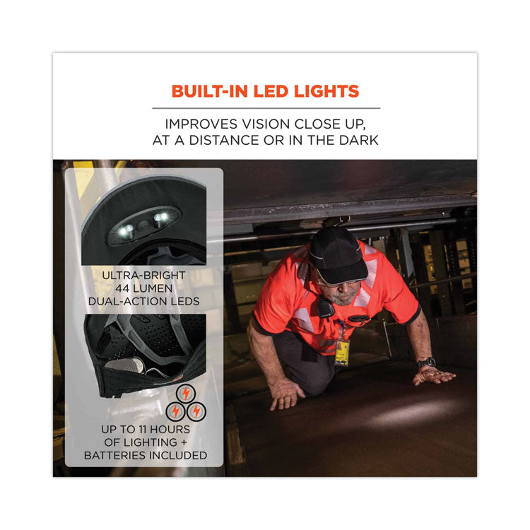 Skullerz 8965 Lightweight Bump Cap Hat with LED Lighting, Short Front Brim, One Size Fits Most, 0.01" Insert, Black