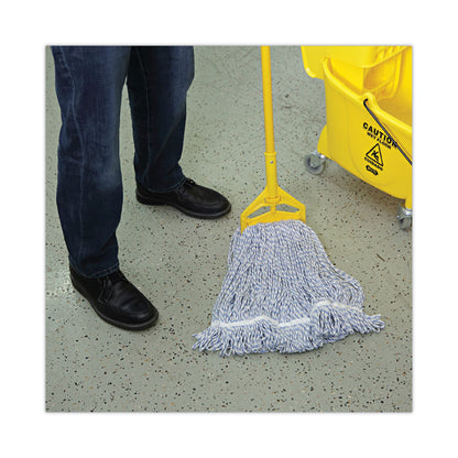 Floor Finish Mop Head, Narrow, Rayon/Polyester, Medium, White/Blue Stripes, 12/Carton