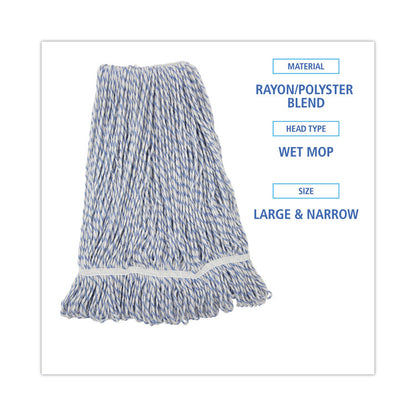 Floor Finish Mop Head, Narrow, Rayon/Polyester, Large, White/Blue Stripes, 12/Carton