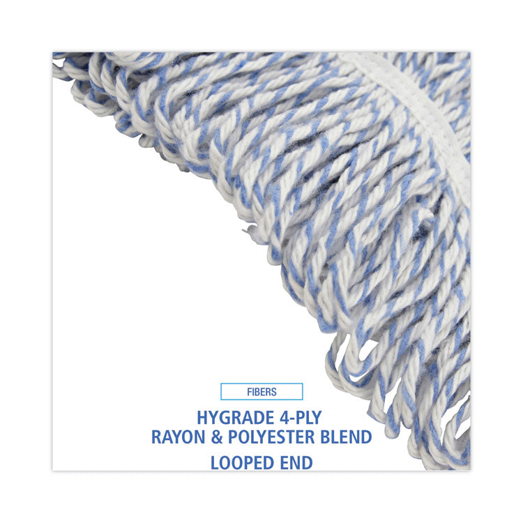 Floor Finish Mop Head, Narrow, Rayon/Polyester, Large, White/Blue Stripes, 12/Carton