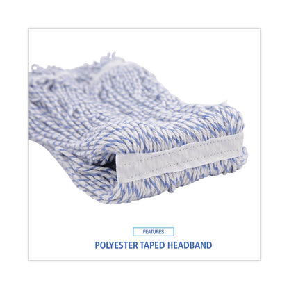 Floor Finish Mop Head, Narrow, Rayon/Polyester, Large, White/Blue Stripes, 12/Carton