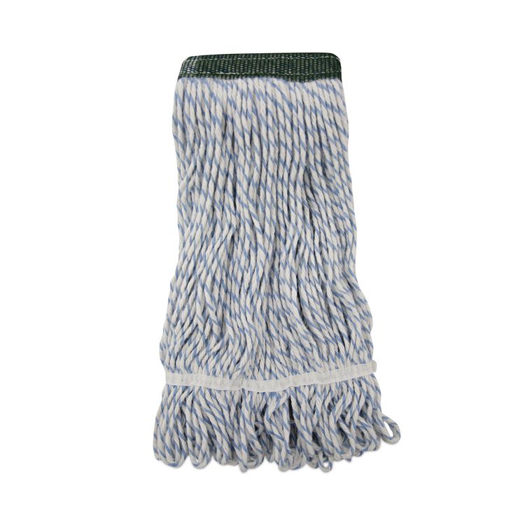 Floor Finish Mop Head, Wide, Rayon/Polyester, Medium, White/Blue Stripes, 12/Carton