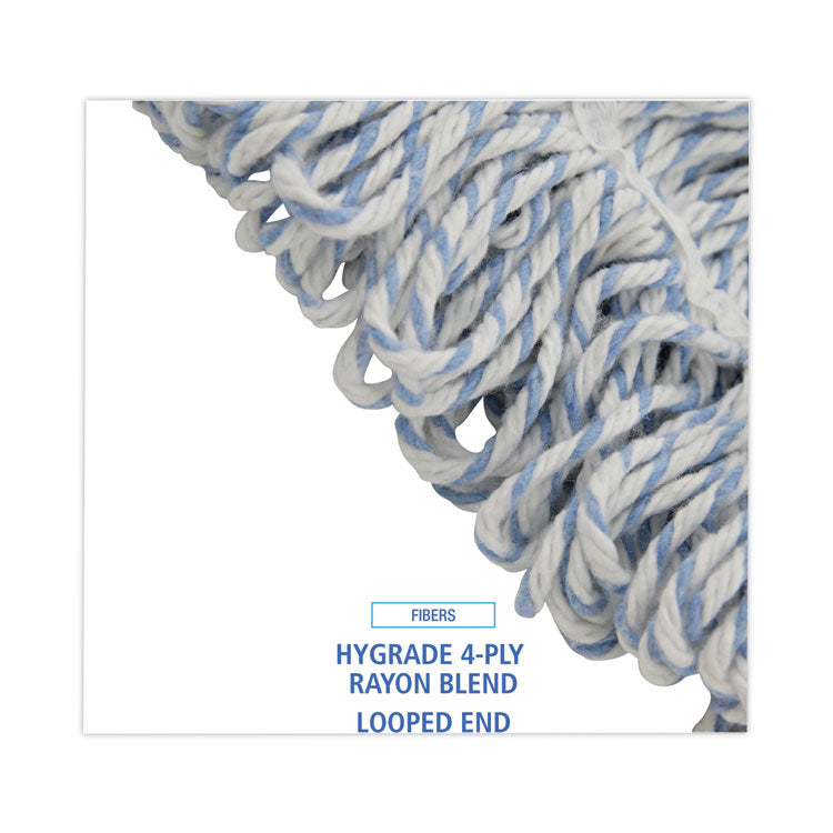 Floor Finish Mop Head, Wide, Rayon/Polyester, Medium, White/Blue Stripes, 12/Carton
