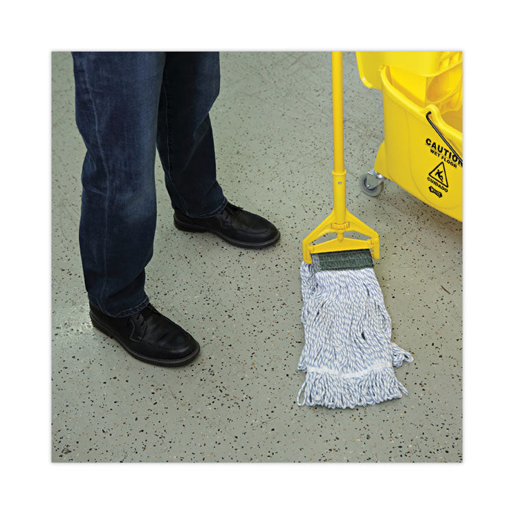 Floor Finish Mop Head, Wide, Rayon/Polyester, Medium, White/Blue Stripes, 12/Carton