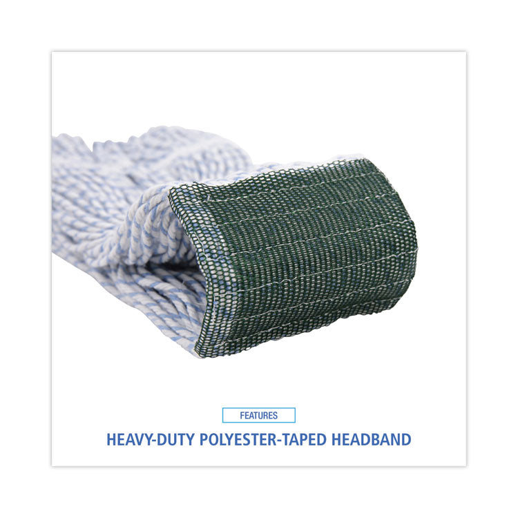 Floor Finish Mop Head, Wide, Rayon/Polyester, Medium, White/Blue Stripes, 12/Carton