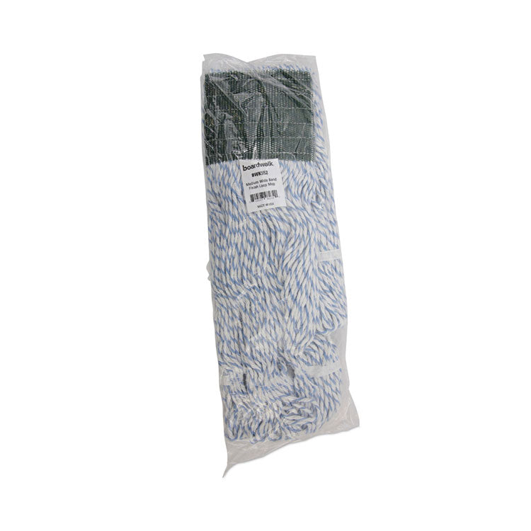 Floor Finish Mop Head, Wide, Rayon/Polyester, Medium, White/Blue Stripes, 12/Carton