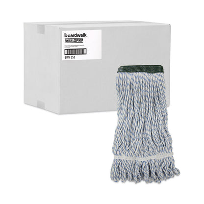 Floor Finish Mop Head, Wide, Rayon/Polyester, Medium, White/Blue Stripes, 12/Carton