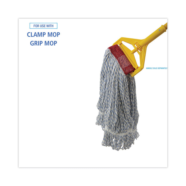 Floor Finish Mop Head, Wide, Rayon/Polyester, Large, White/Blue Stripes, 12/Carton