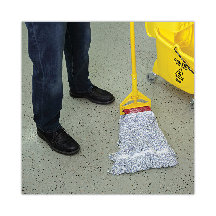 Floor Finish Mop Head, Wide, Rayon/Polyester, Large, White/Blue Stripes, 12/Carton