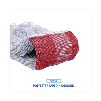 Floor Finish Mop Head, Wide, Rayon/Polyester, Large, White/Blue Stripes, 12/Carton