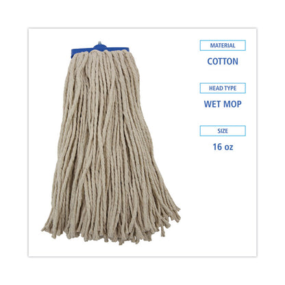 Cut-End Lie-Flat Wet Mop Head, Cotton, 16 oz, White, 12/Carton
