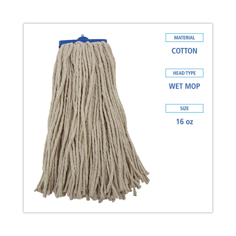 Cut-End Lie-Flat Wet Mop Head, Cotton, 16 oz, White
