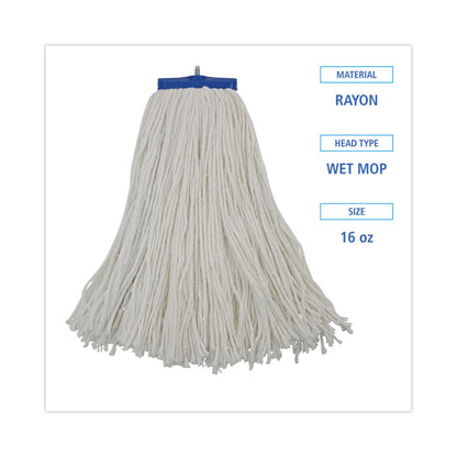 Cut-End Lie-Flat Wet Mop Head, Rayon, 16 oz, White, 12/Carton