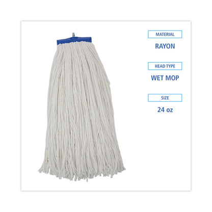 Cut-End Lie-Flat Wet Mop Head, Rayon, 24 oz, White