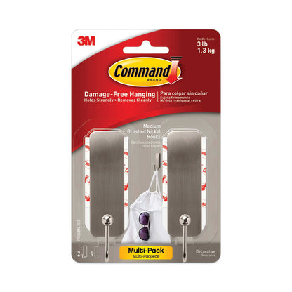Medium Indoor Decorative Hooks, Metal, Brushed Nickel, Supports 3 lb, 2/Pack