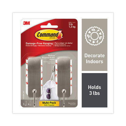 Medium Indoor Decorative Hooks, Metal, Brushed Nickel, Supports 3 lb, 2/Pack