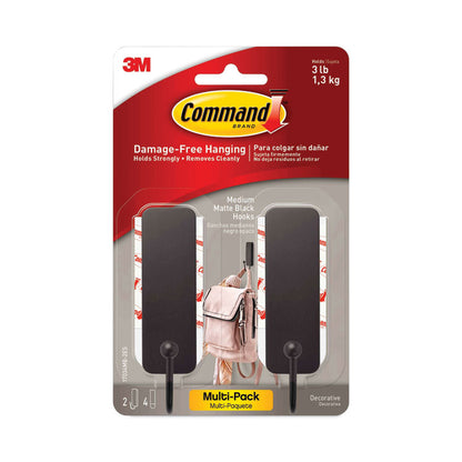 Medium Indoor Decorative Hooks, Metal, Matte Black, Supports 3 lb, 2/Pack