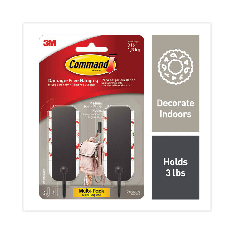 Medium Indoor Decorative Hooks, Metal, Matte Black, Supports 3 lb, 2/Pack